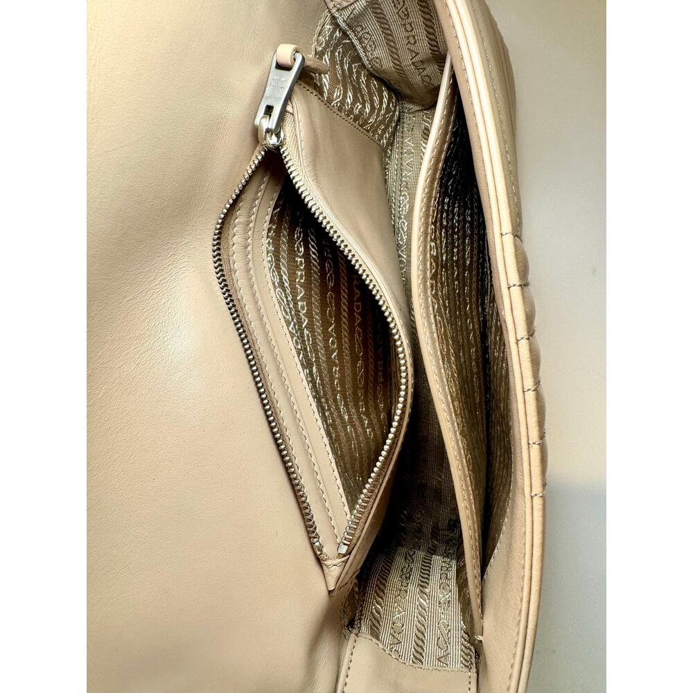 Prada Diagramme Medium Quilted Flap Bag In Tan Calfskin Leather W Silver Chain - Picture 13 of 16